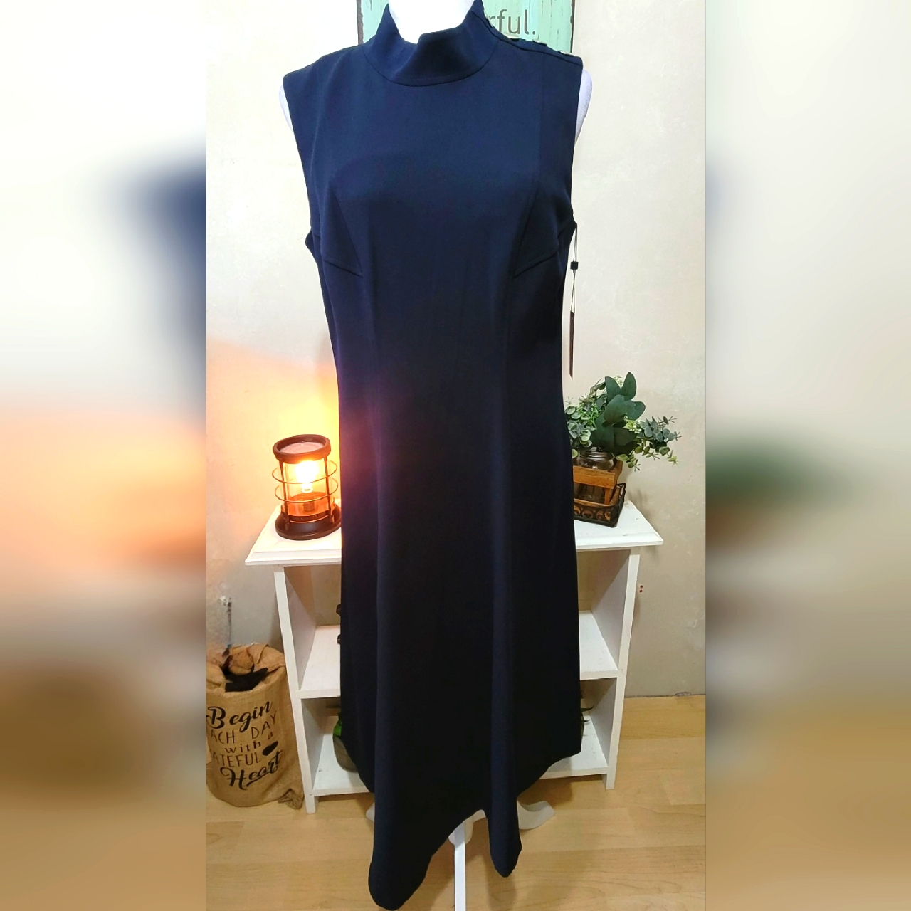 New Tommy Hilfiger Elegant Navy Sleeveless Dress With Silver Button Accents